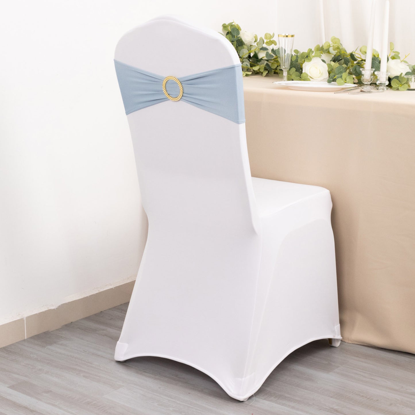 5 Pack Dusty Blue Spandex Chair Sashes with Gold Diamond Buckles, Elegant Stretch Chair Bands and Slide On Brooch Set - 5"x14"