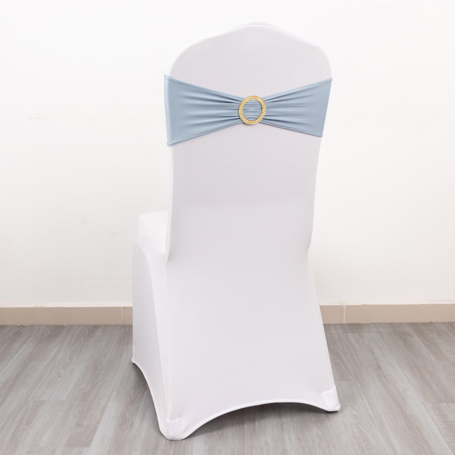 5 Pack Dusty Blue Spandex Chair Sashes with Gold Diamond Buckles, Elegant Stretch Chair Bands and Slide On Brooch Set - 5"x14"