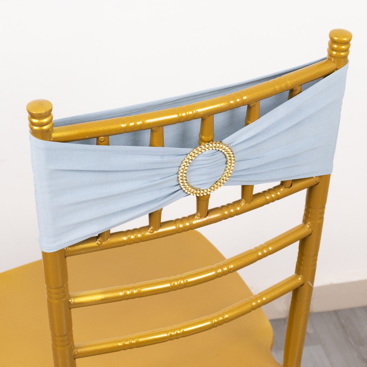 5 Pack Dusty Blue Spandex Chair Sashes with Gold Diamond Buckles, Elegant Stretch Chair Bands and Slide On Brooch Set - 5"x14"