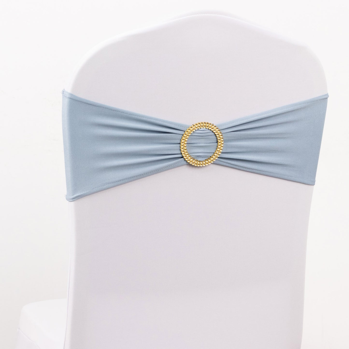 5 Pack Dusty Blue Spandex Chair Sashes with Gold Diamond Buckles, Elegant Stretch Chair Bands and Slide On Brooch Set - 5"x14"