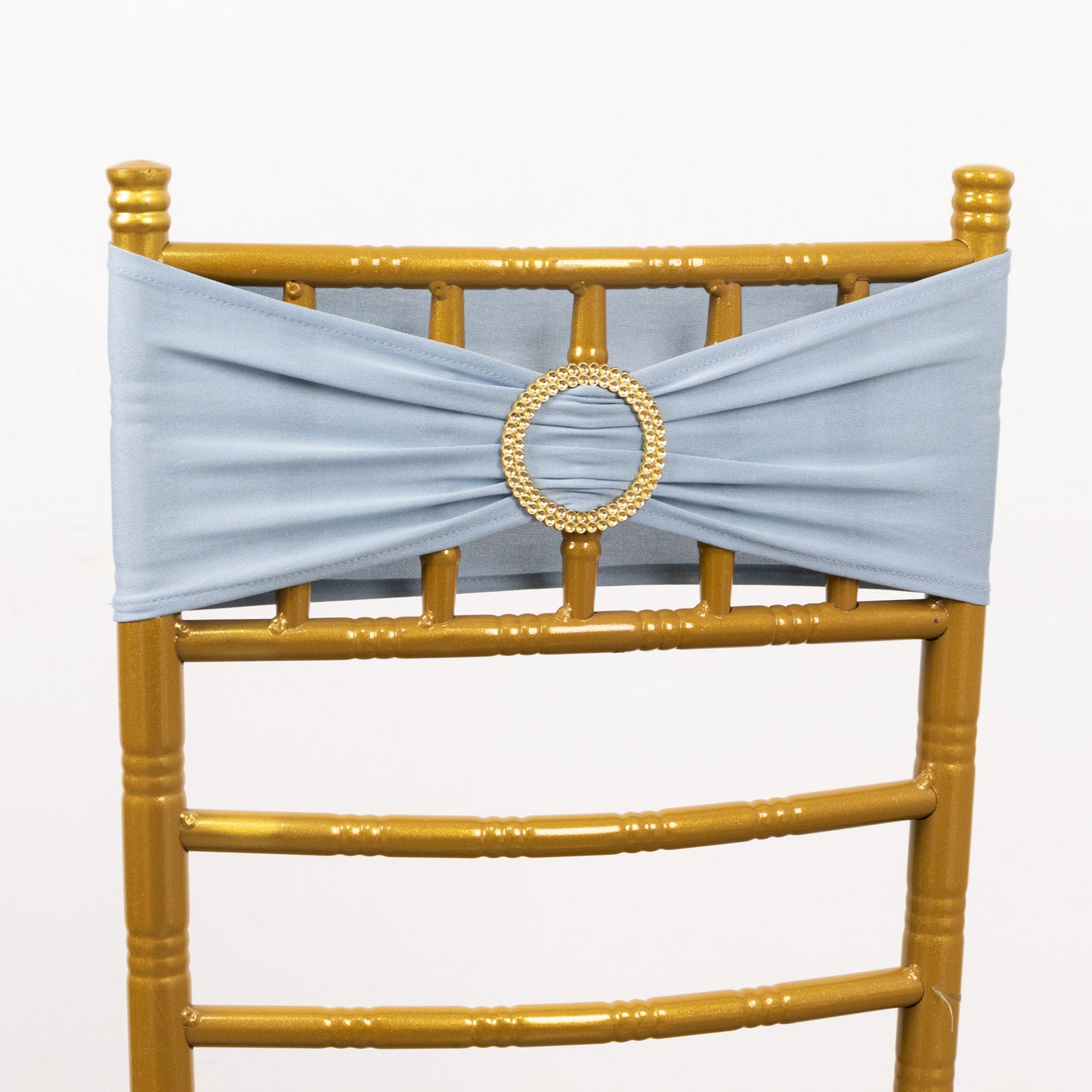 5 Pack Dusty Blue Spandex Chair Sashes with Gold Diamond Buckles, Elegant Stretch Chair Bands and Slide On Brooch Set - 5"x14"