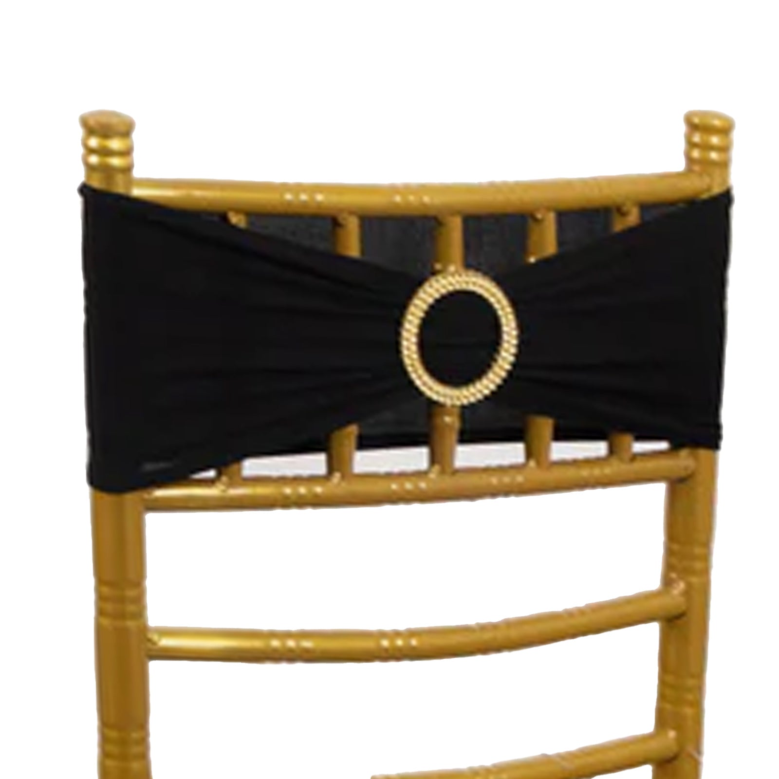 Black spandex chair sash with gold diamond buckle on a gold chair. #whtbkgd