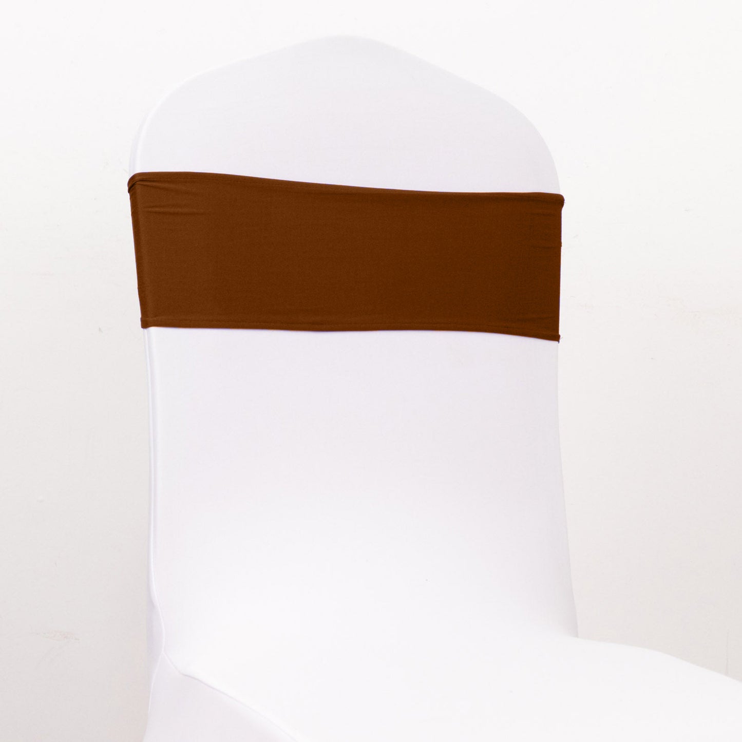 5 Pack Cinnamon Brown Spandex Chair Sashes with Gold Diamond Buckles, Elegant Stretch Chair Bands and Slide On Brooch Set - 5"x14"