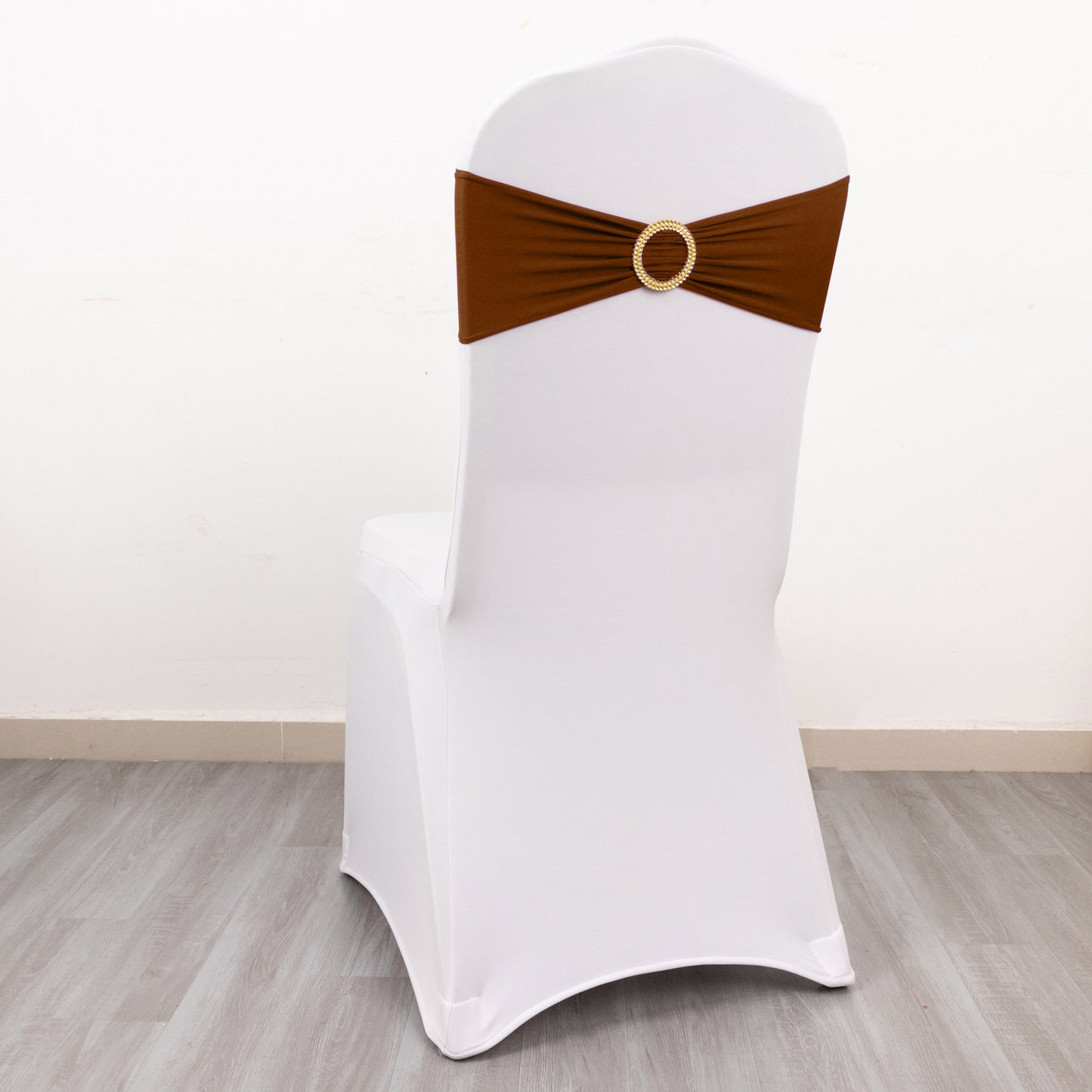 5 Pack Cinnamon Brown Spandex Chair Sashes with Gold Diamond Buckles, Elegant Stretch Chair Bands and Slide On Brooch Set - 5"x14"