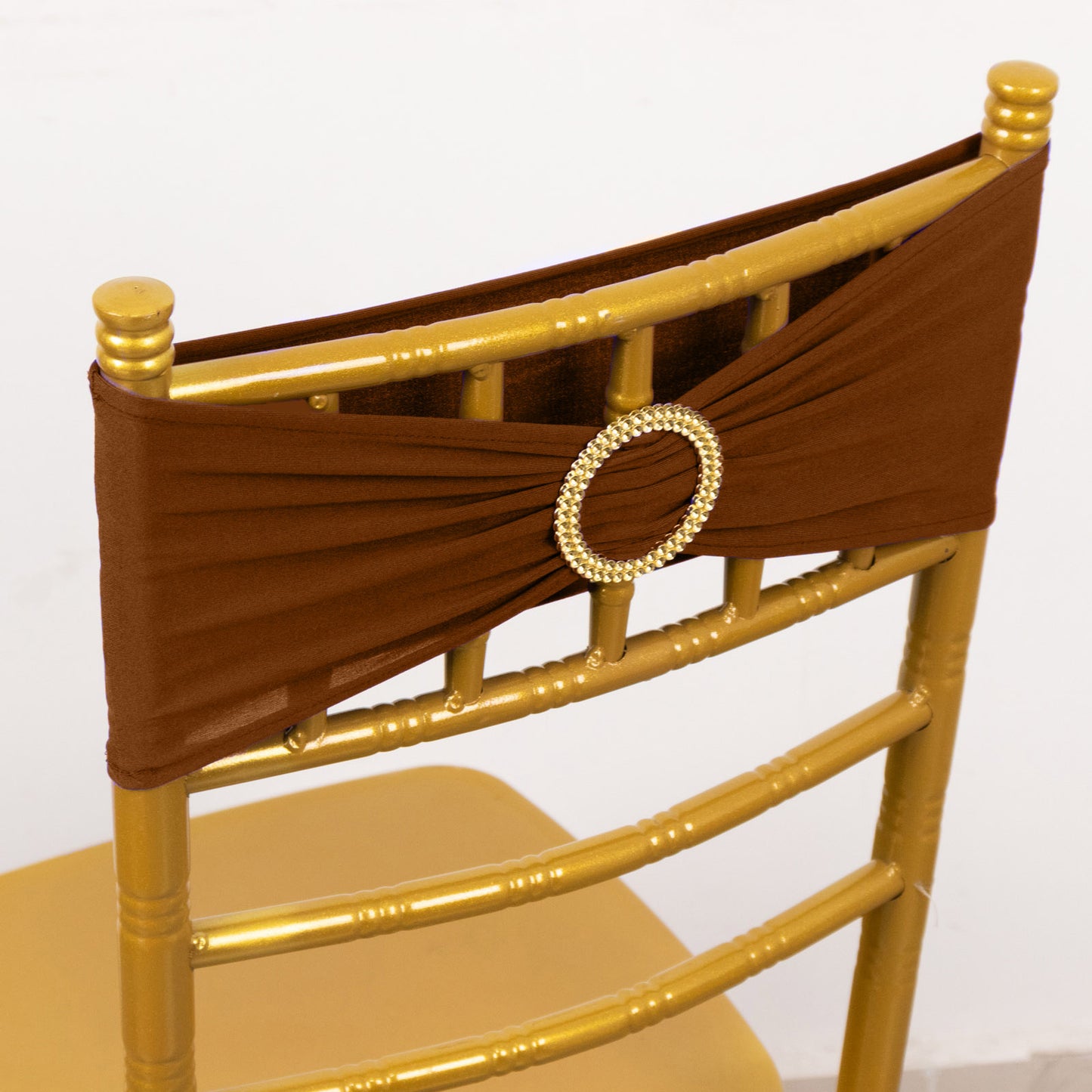 5 Pack Cinnamon Brown Spandex Chair Sashes with Gold Diamond Buckles, Elegant Stretch Chair Bands and Slide On Brooch Set - 5"x14"