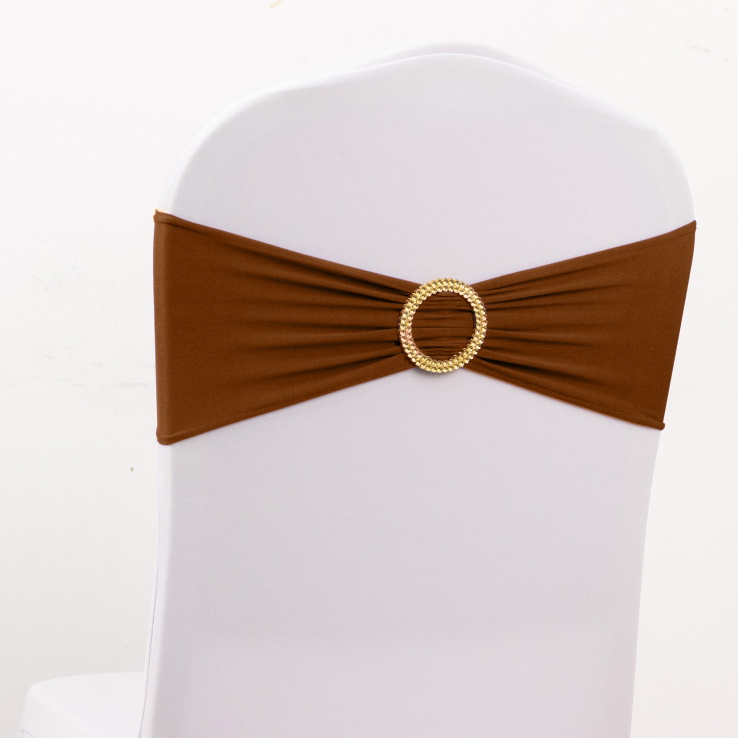 5 Pack Cinnamon Brown Spandex Chair Sashes with Gold Diamond Buckles, Elegant Stretch Chair Bands and Slide On Brooch Set - 5"x14"