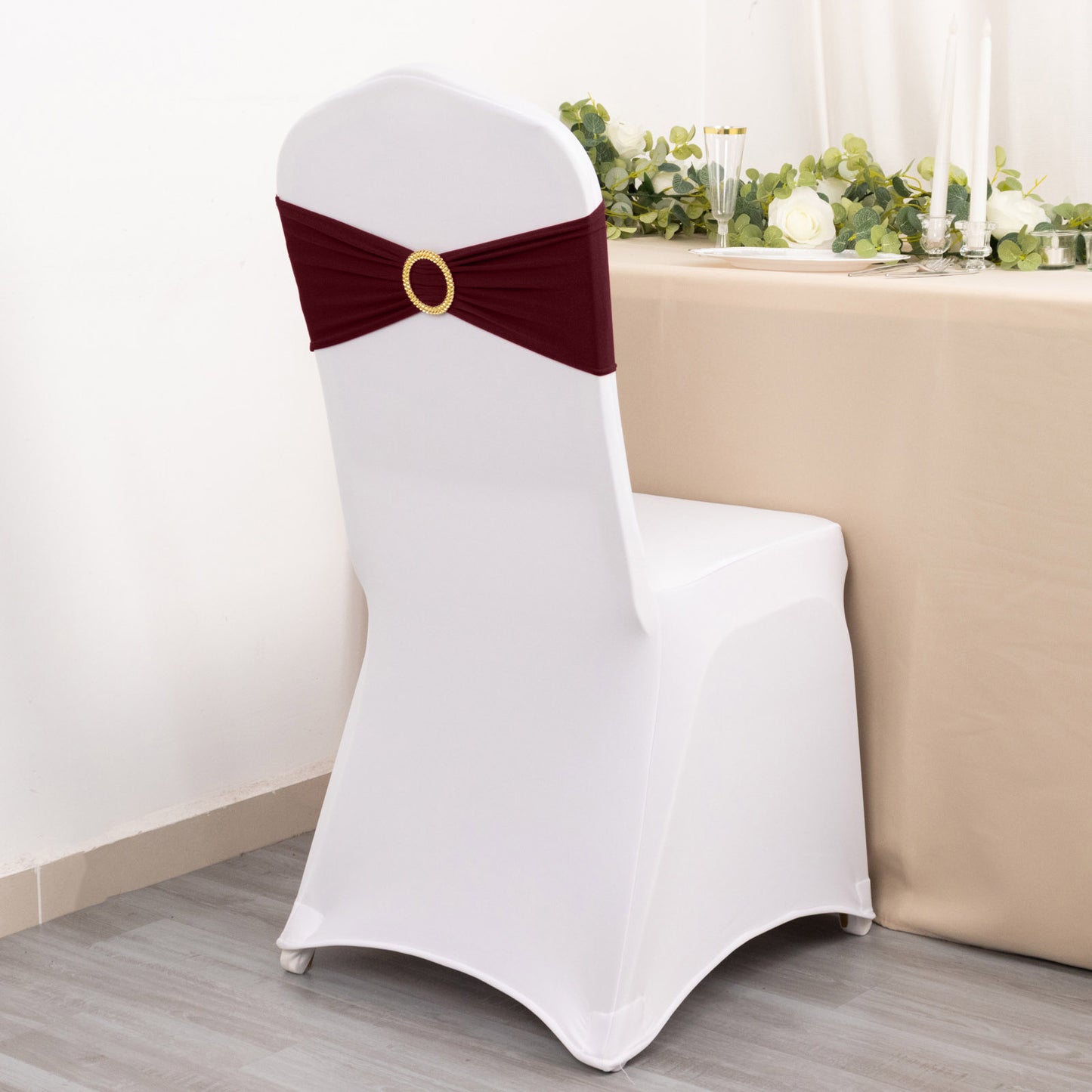 5 Pack Burgundy Spandex Chair Sashes with Gold Diamond Buckles, Elegant Stretch Chair Bands and Slide On Brooch Set - 5"x14"