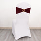 Burgundy spandex chair sash with gold diamond buckle on a white chair.