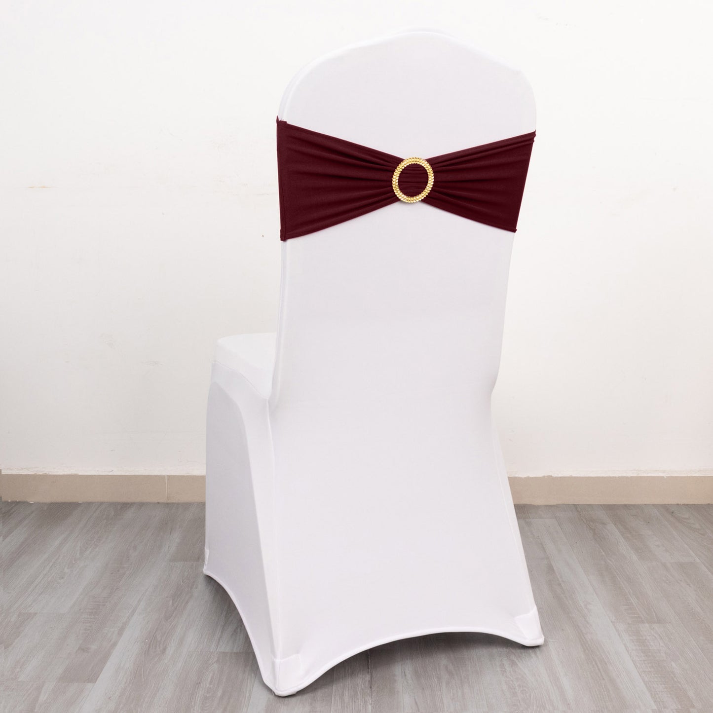 5 Pack Burgundy Spandex Chair Sashes with Gold Diamond Buckles, Elegant Stretch Chair Bands and Slide On Brooch Set - 5"x14"