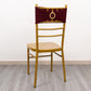Burgundy spandex chair sash with gold diamond buckle on a gold chair.