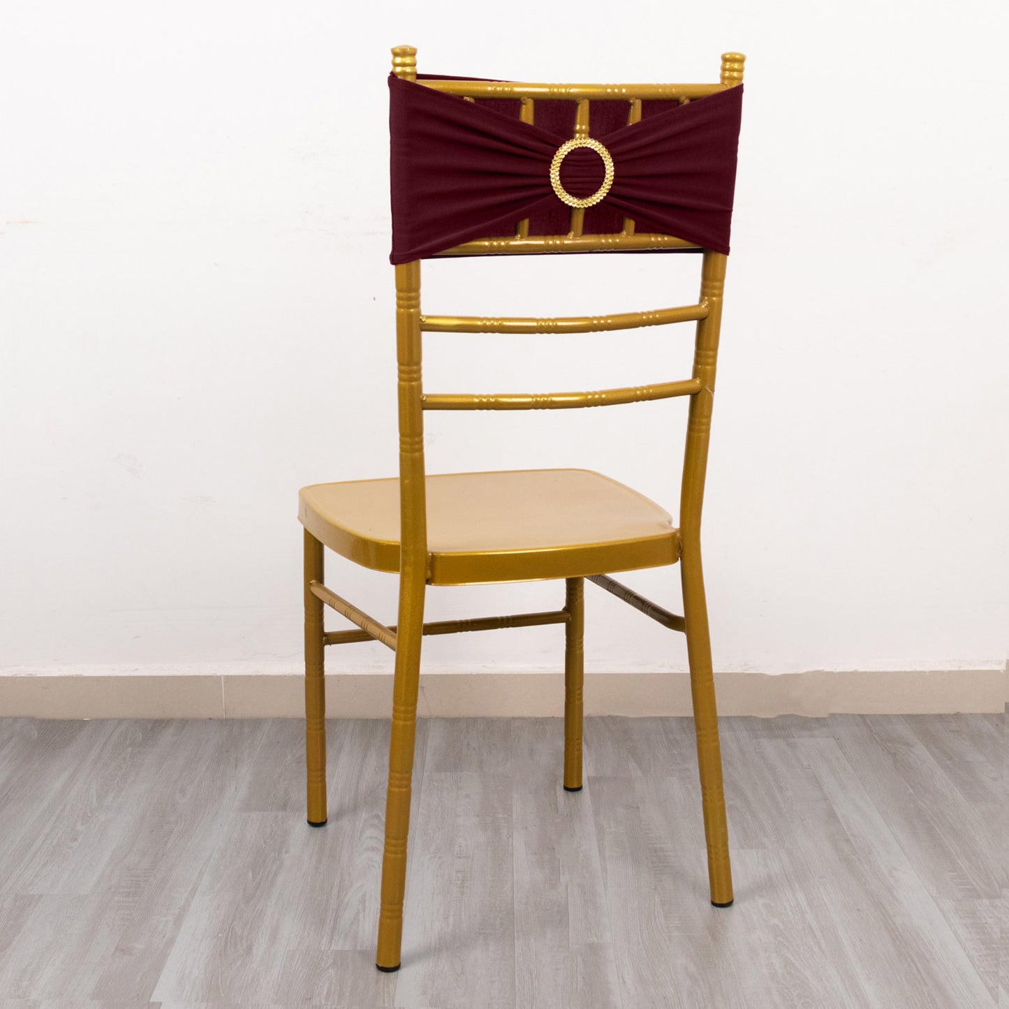 5 Pack Burgundy Spandex Chair Sashes with Gold Diamond Buckles, Elegant Stretch Chair Bands and Slide On Brooch Set - 5"x14"