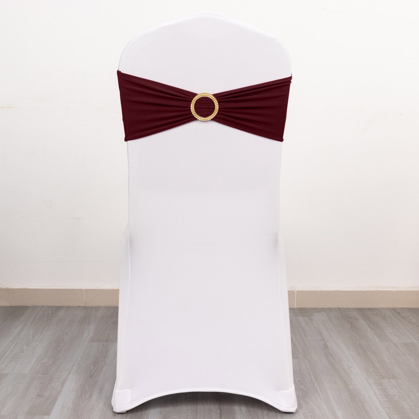 5 Pack Burgundy Spandex Chair Sashes with Gold Diamond Buckles, Elegant Stretch Chair Bands and Slide On Brooch Set - 5"x14"