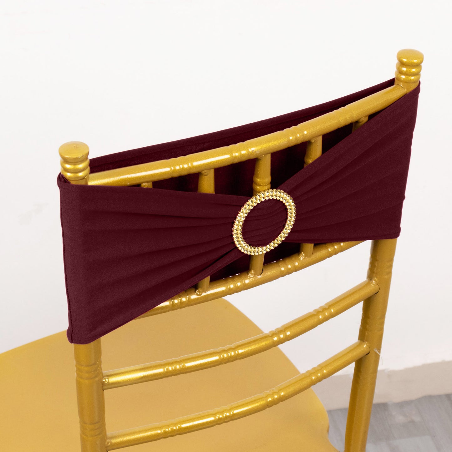 5 Pack Burgundy Spandex Chair Sashes with Gold Diamond Buckles, Elegant Stretch Chair Bands and Slide On Brooch Set - 5"x14"