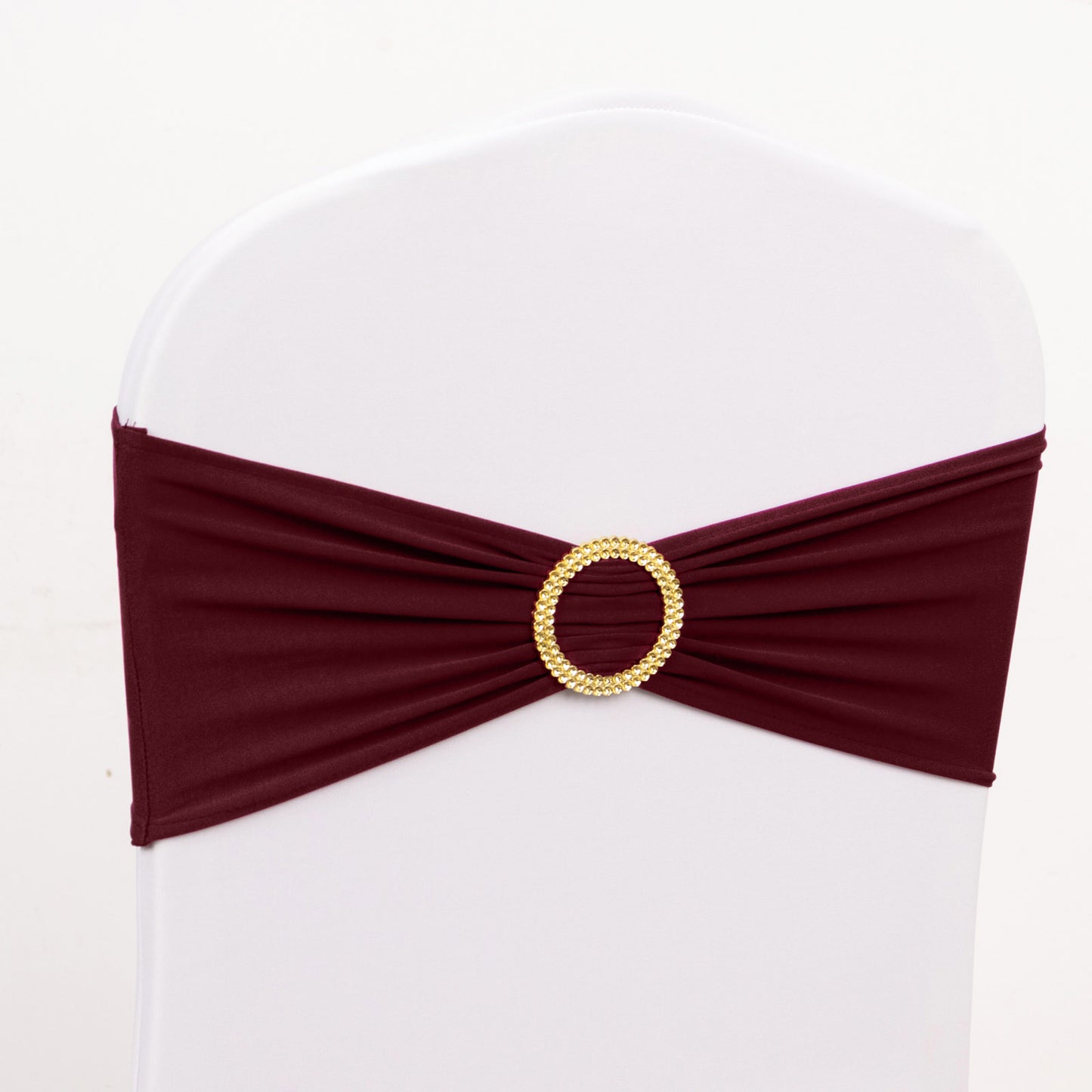 5 Pack Burgundy Spandex Chair Sashes with Gold Diamond Buckles, Elegant Stretch Chair Bands and Slide On Brooch Set - 5"x14"