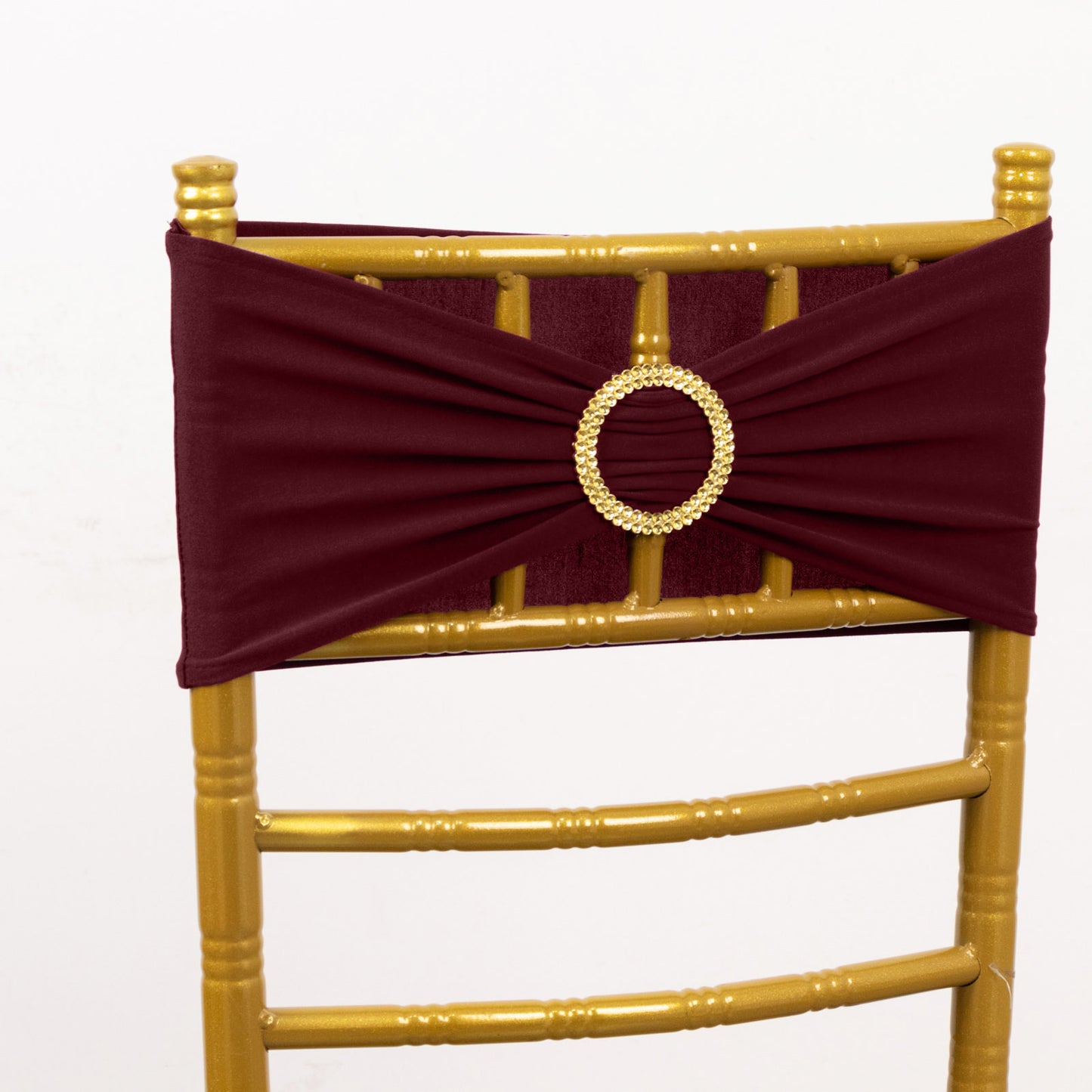 5 Pack Burgundy Spandex Chair Sashes with Gold Diamond Buckles, Elegant Stretch Chair Bands and Slide On Brooch Set - 5"x14"