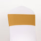 Gold spandex chair sash with a gold diamond buckle on a white chair.