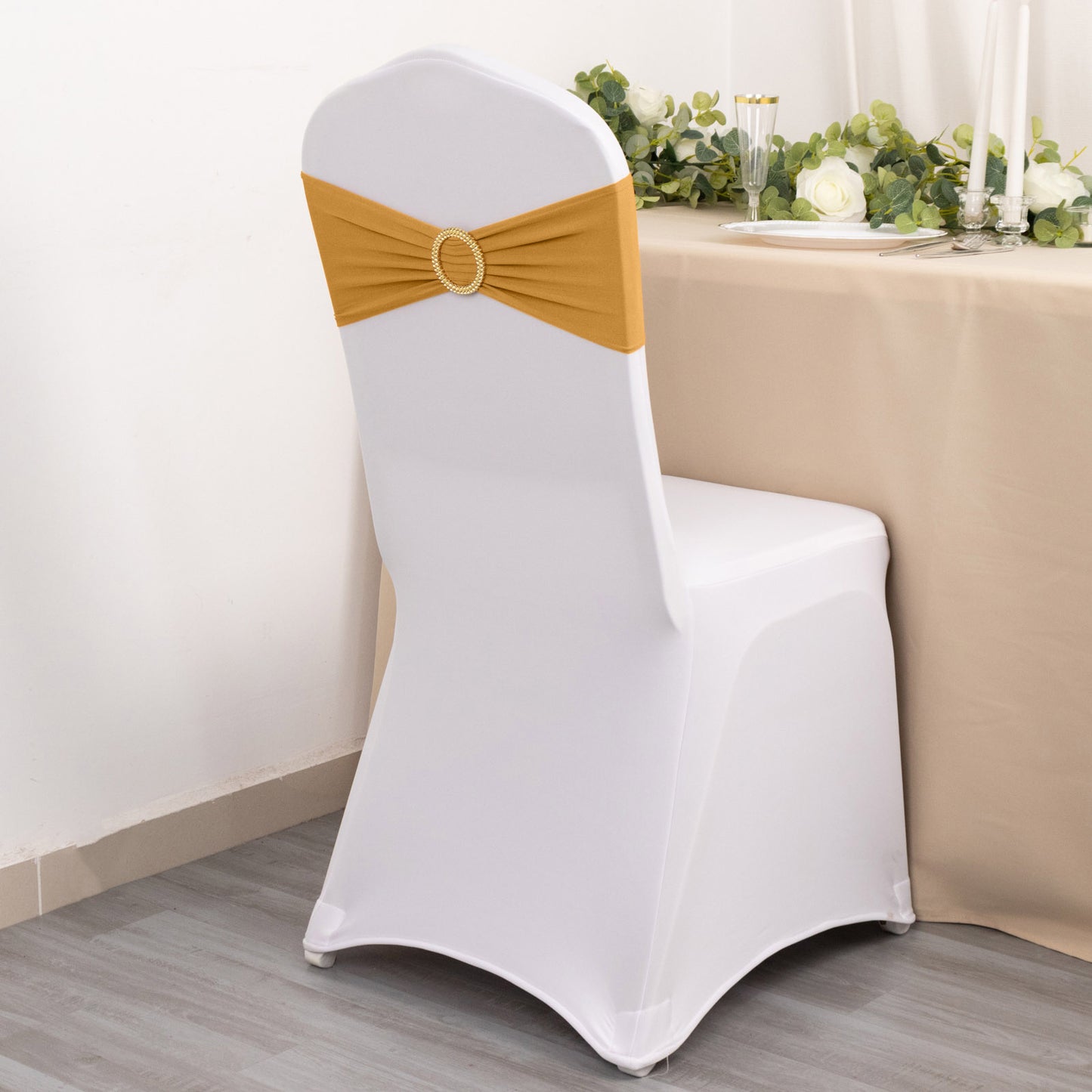 5 Pack Gold Spandex Chair Sashes with Gold Diamond Buckles, Elegant Stretch Chair Bands and Slide On Brooch Set - 5"x14"