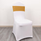 Gold spandex chair sash with diamond buckle on a white chair.