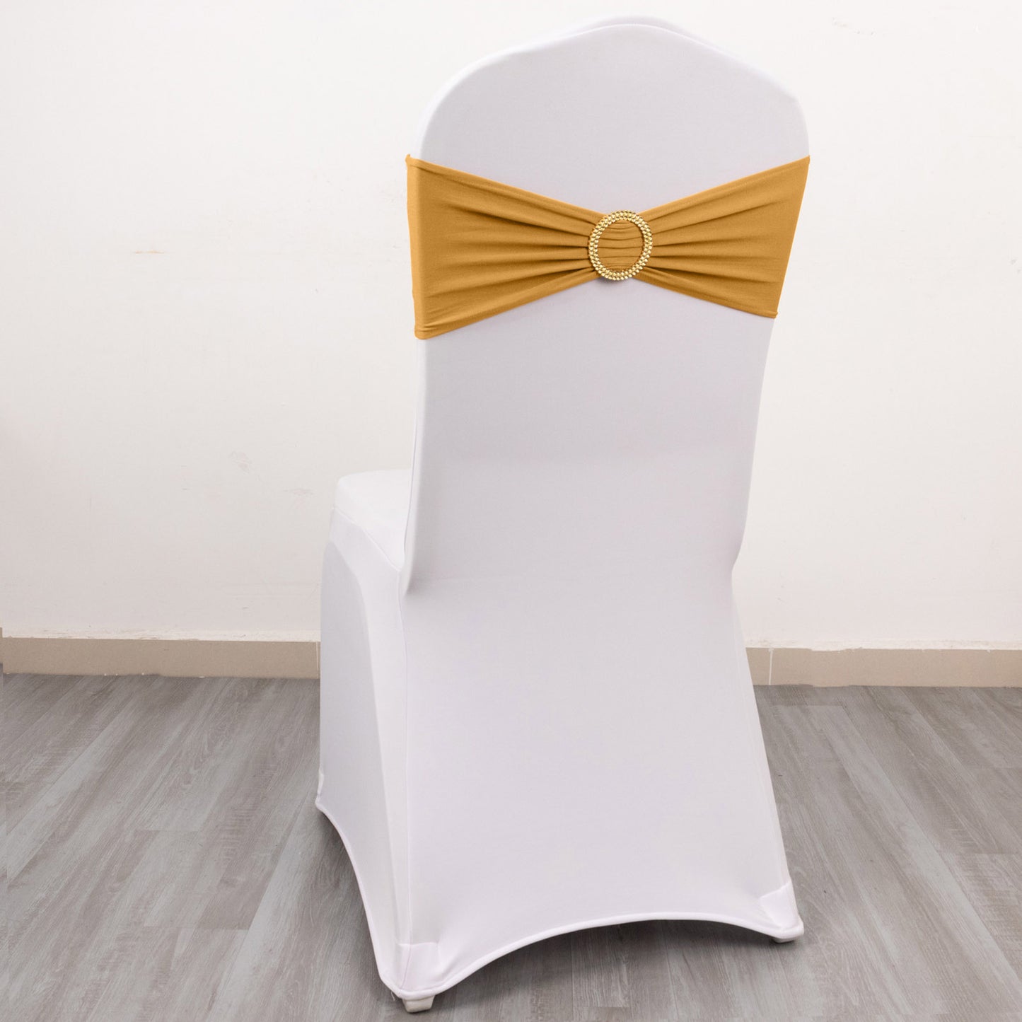 5 Pack Gold Spandex Chair Sashes with Gold Diamond Buckles, Elegant Stretch Chair Bands and Slide On Brooch Set - 5"x14"