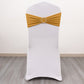 Gold spandex chair sash with diamond buckle on a white chair.