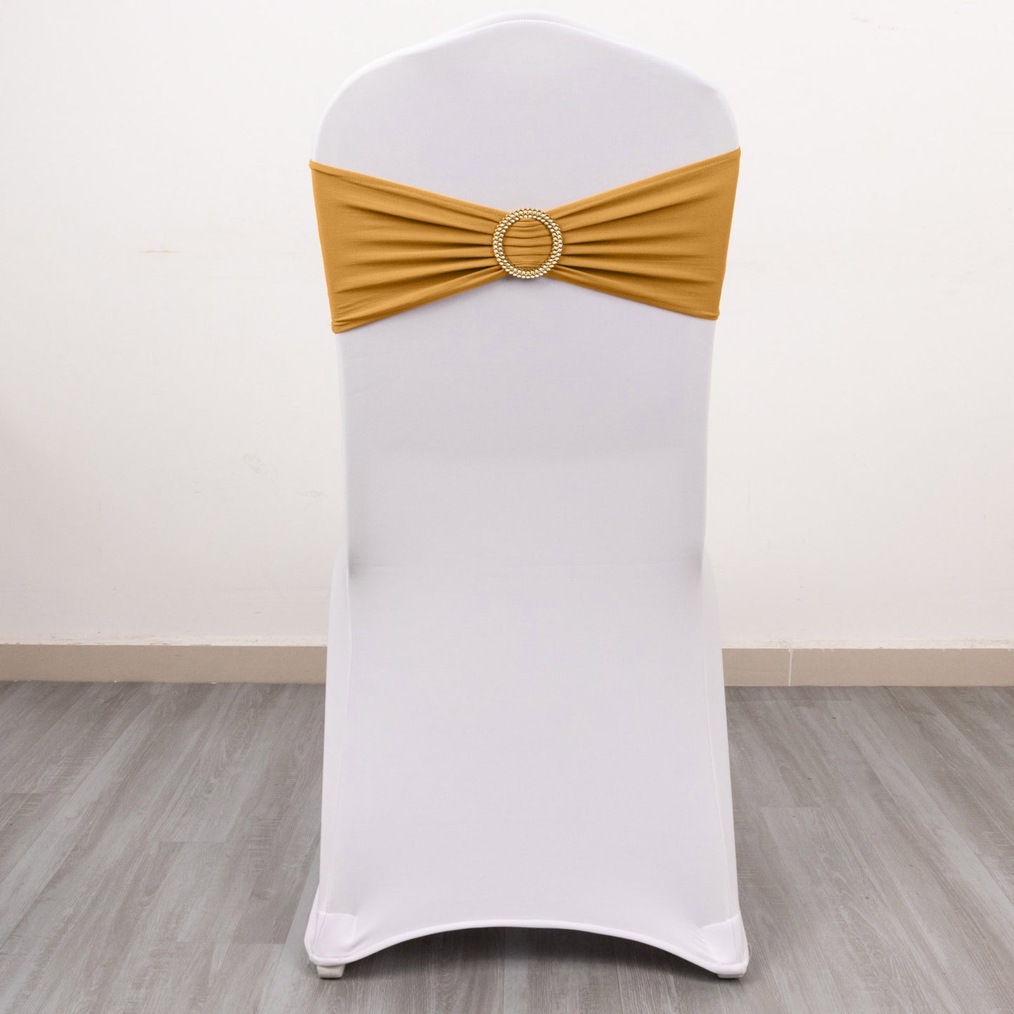 5 Pack Gold Spandex Chair Sashes with Gold Diamond Buckles, Elegant Stretch Chair Bands and Slide On Brooch Set - 5"x14"