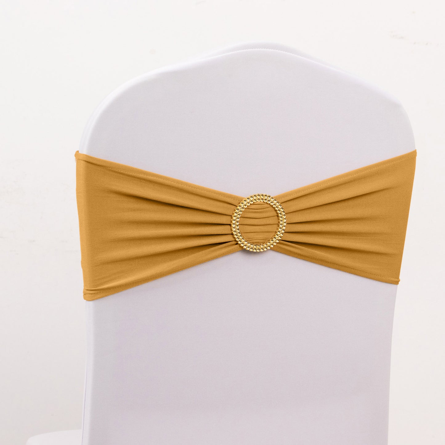 5 Pack Gold Spandex Chair Sashes with Gold Diamond Buckles, Elegant Stretch Chair Bands and Slide On Brooch Set - 5"x14"