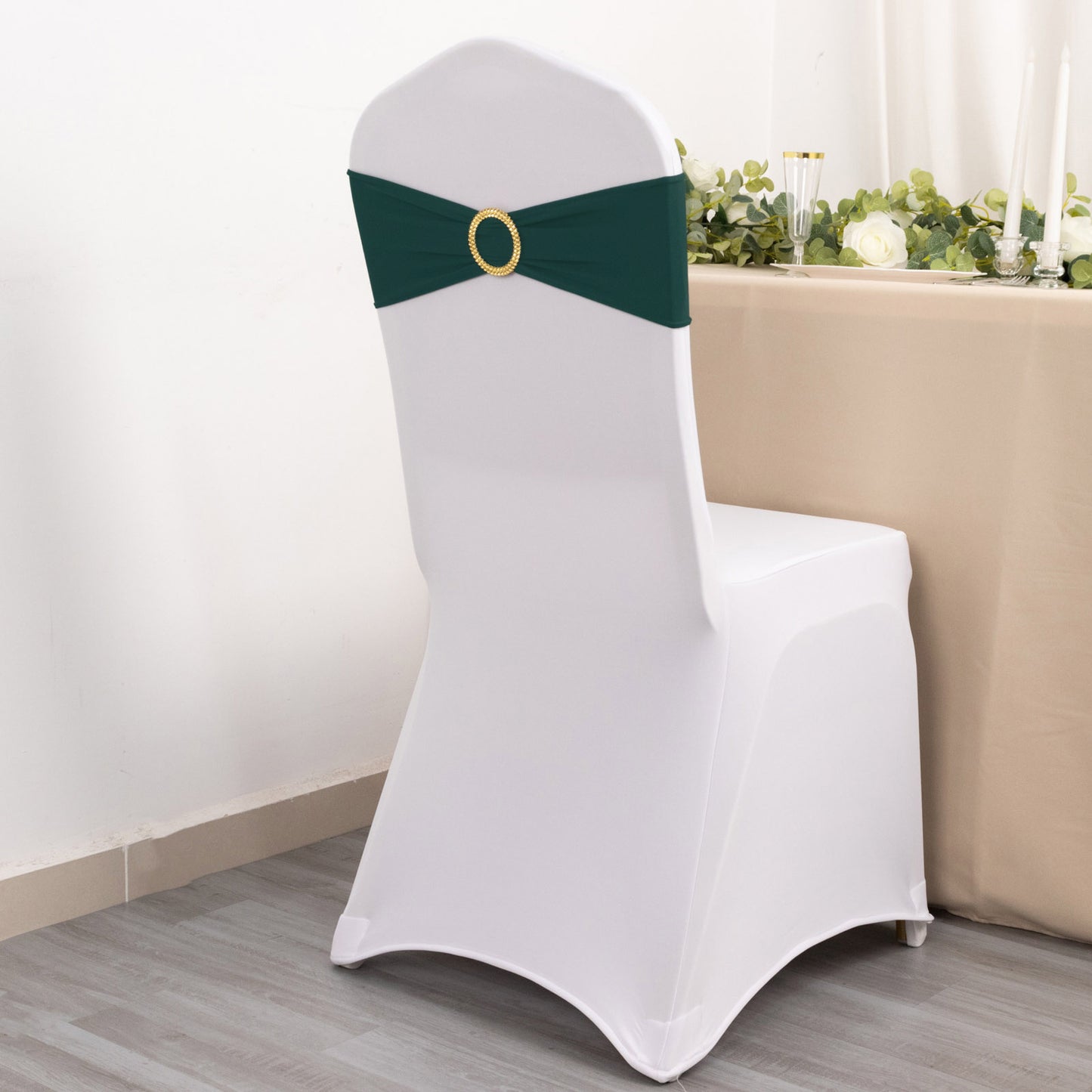 5 Pack Hunter Emerald Green Spandex Chair Sashes with Gold Diamond Buckles, Elegant Stretch Chair Bands and Slide On Brooch Set - 5"x14"