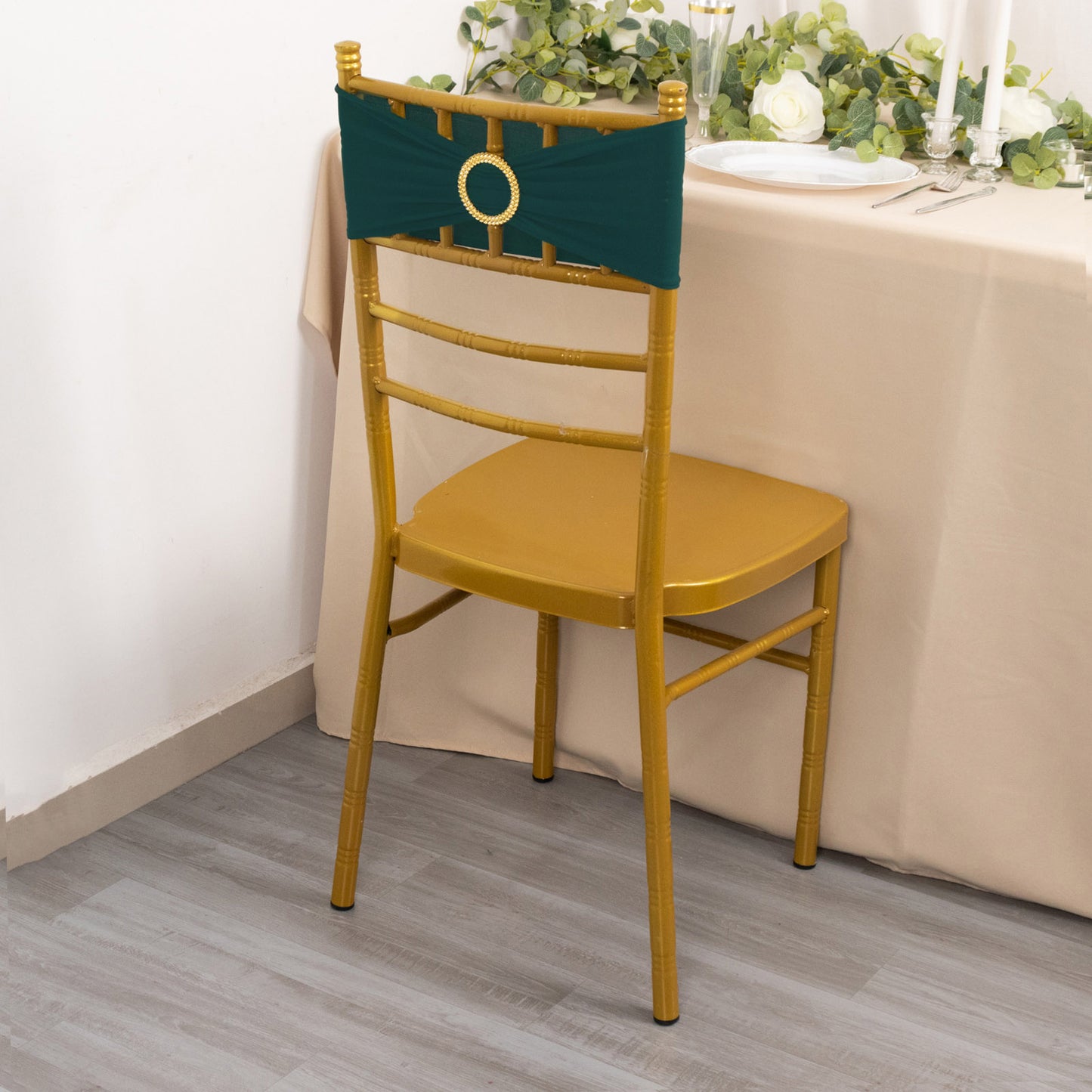 5 Pack Hunter Emerald Green Spandex Chair Sashes with Gold Diamond Buckles, Elegant Stretch Chair Bands and Slide On Brooch Set - 5"x14"