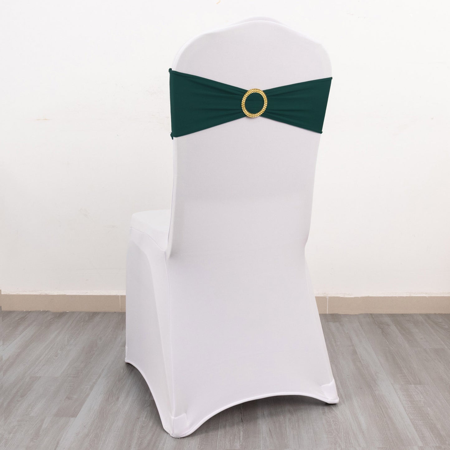 5 Pack Hunter Emerald Green Spandex Chair Sashes with Gold Diamond Buckles, Elegant Stretch Chair Bands and Slide On Brooch Set - 5"x14"