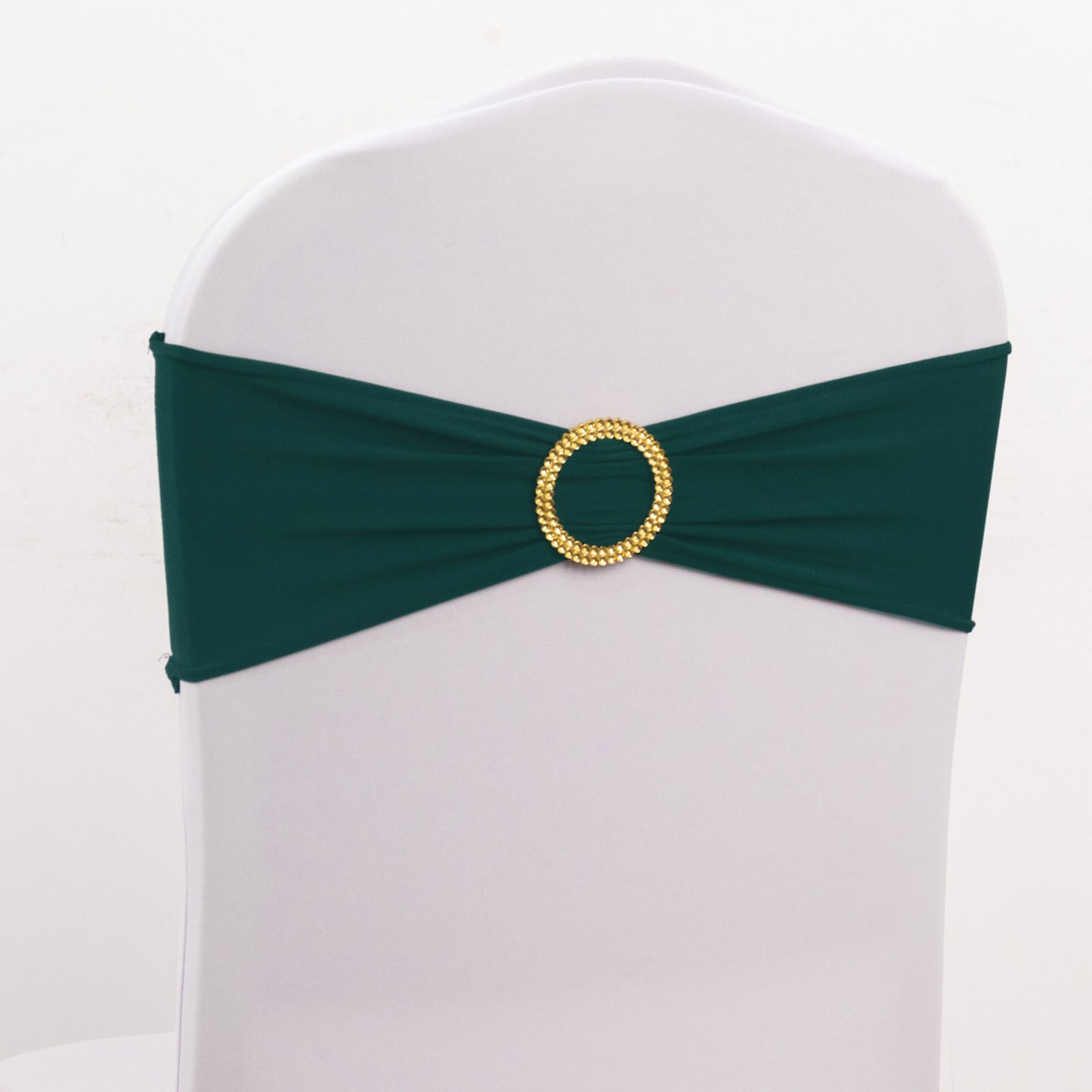 5 Pack Hunter Emerald Green Spandex Chair Sashes with Gold Diamond Buckles, Elegant Stretch Chair Bands and Slide On Brooch Set - 5"x14"