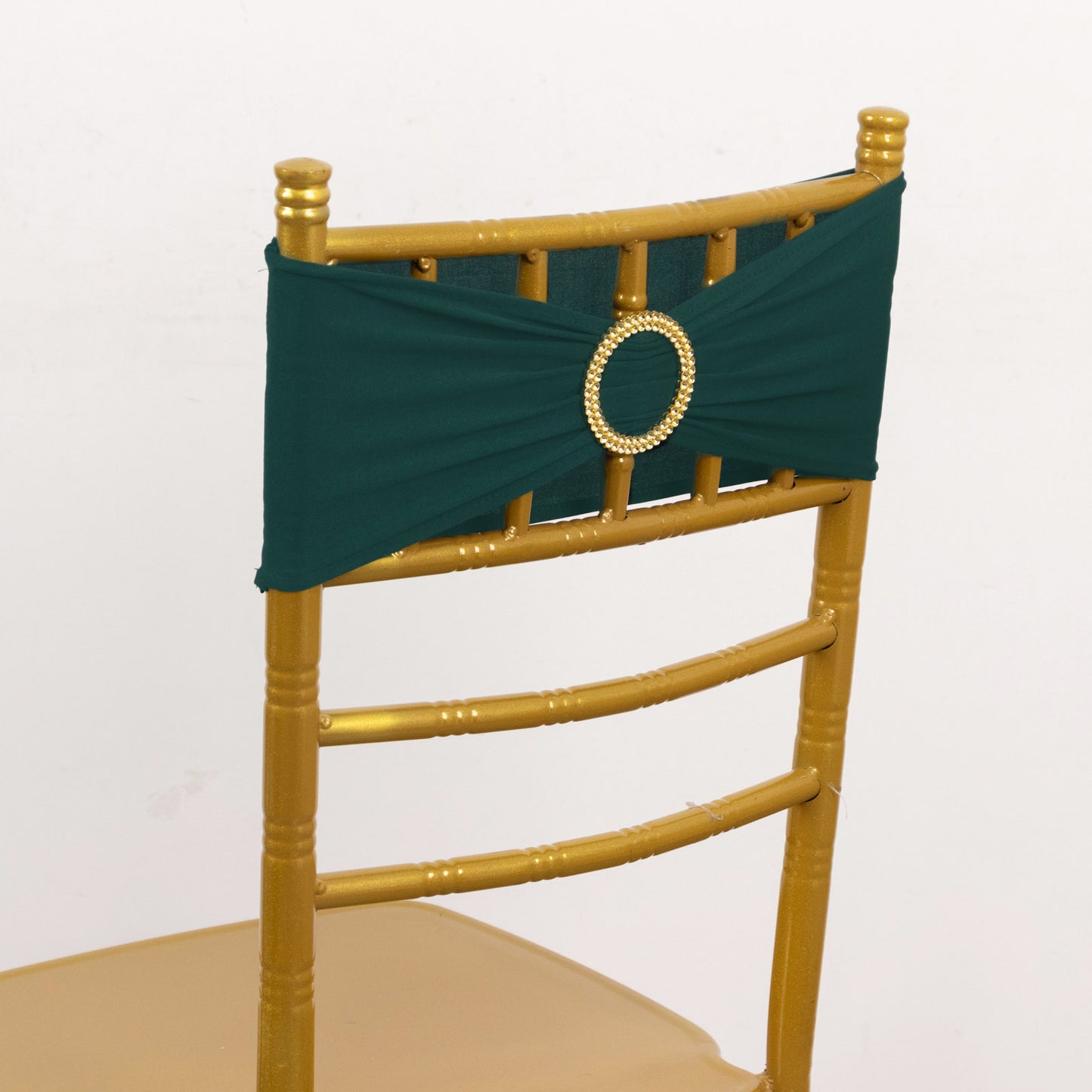 5 Pack Hunter Emerald Green Spandex Chair Sashes with Gold Diamond Buckles, Elegant Stretch Chair Bands and Slide On Brooch Set - 5"x14"