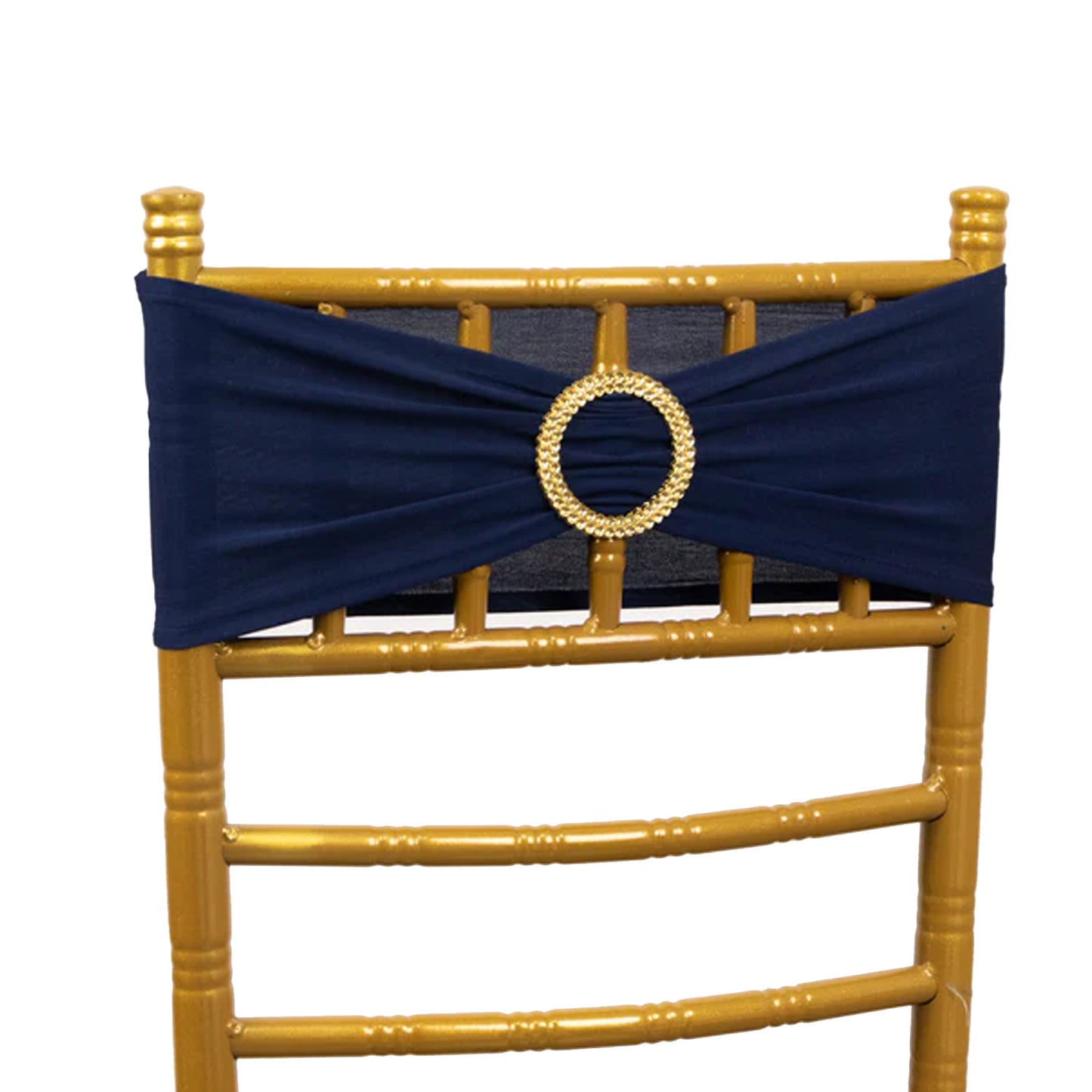 Navy blue spandex chair sash with gold diamond buckle on a chair. #whtbkgd