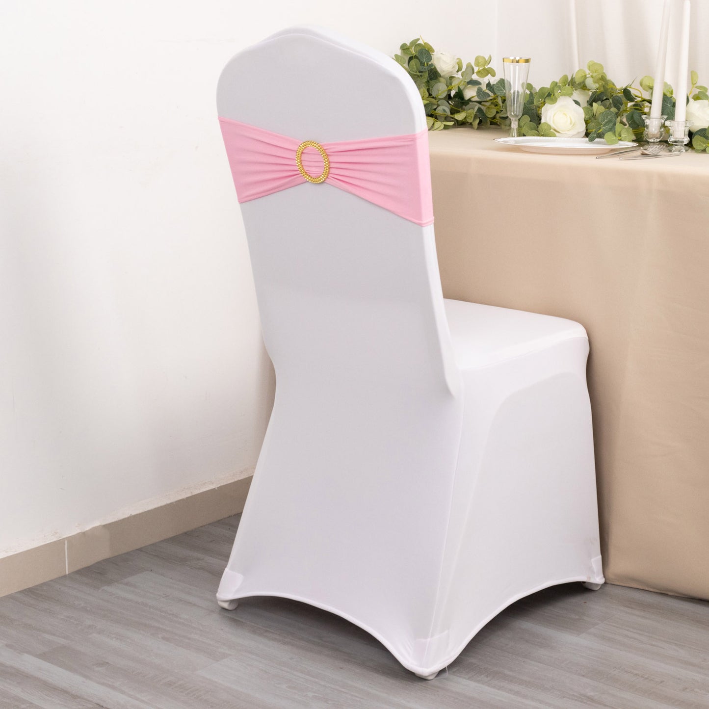 5 Pack Pink Spandex Chair Sashes with Gold Diamond Buckles, Elegant Stretch Chair Bands and Slide On Brooch Set - 5"x14"