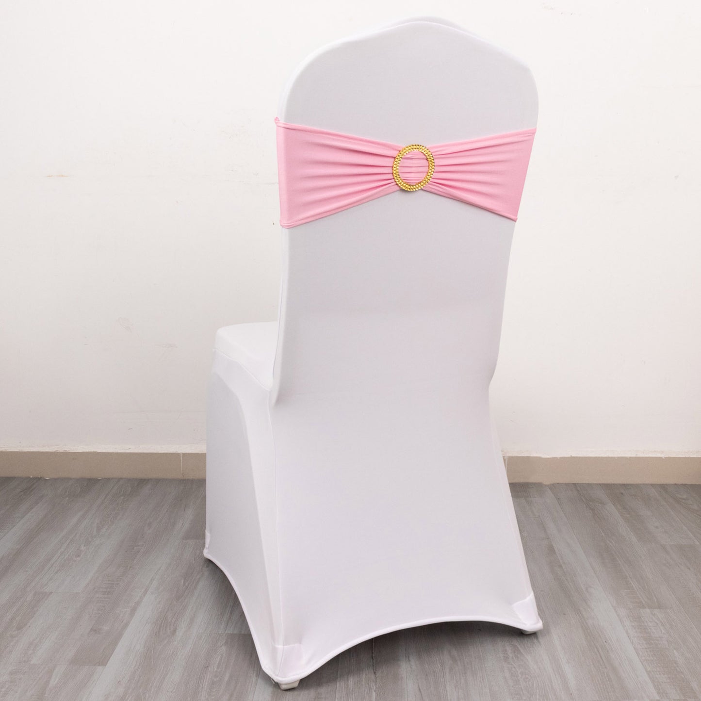 5 Pack Pink Spandex Chair Sashes with Gold Diamond Buckles, Elegant Stretch Chair Bands and Slide On Brooch Set - 5"x14"