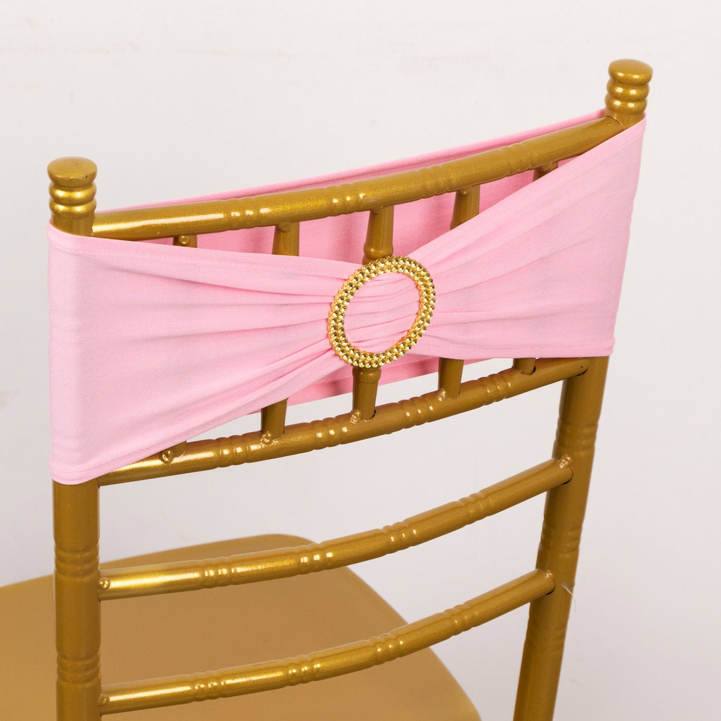 5 Pack Pink Spandex Chair Sashes with Gold Diamond Buckles, Elegant Stretch Chair Bands and Slide On Brooch Set - 5"x14"