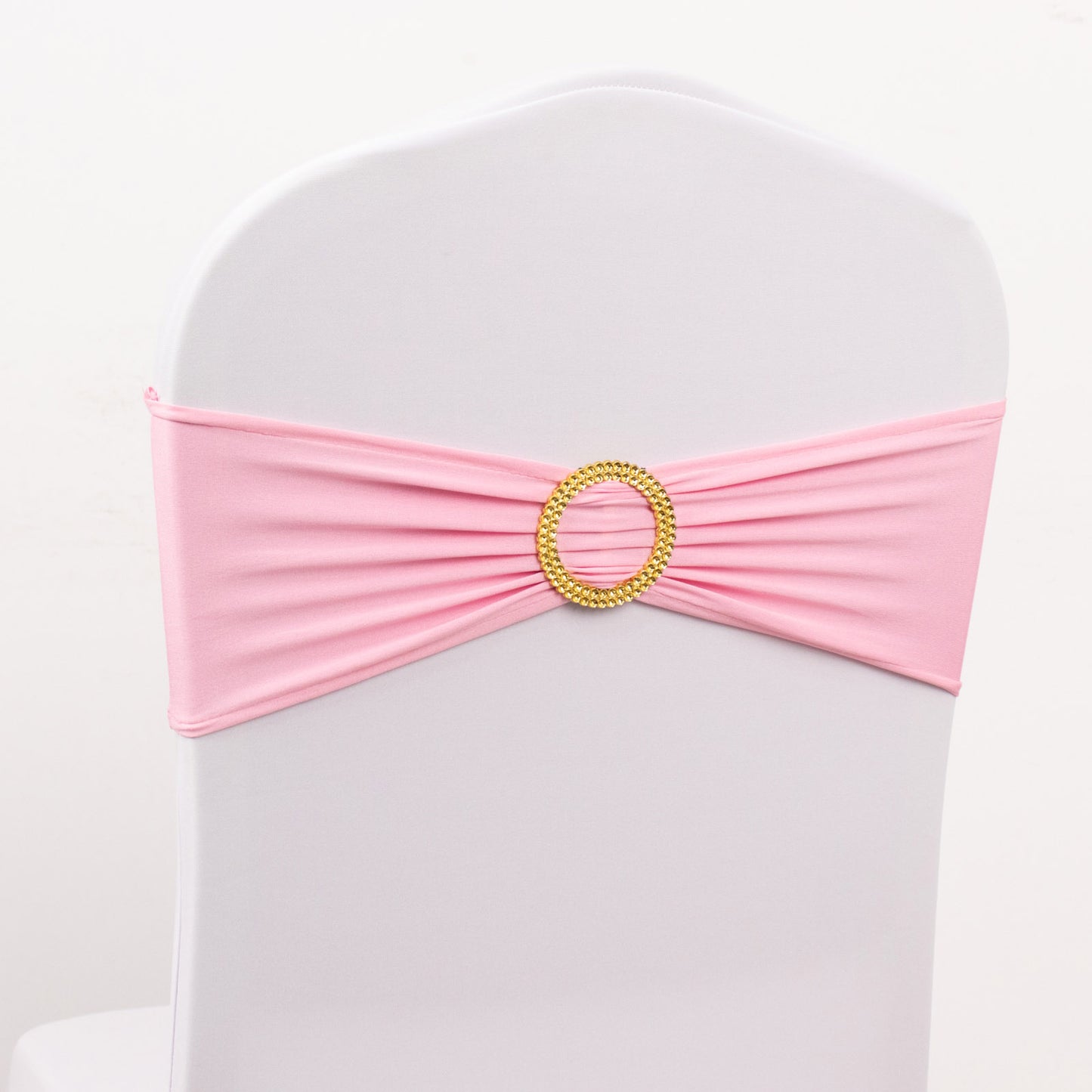 5 Pack Pink Spandex Chair Sashes with Gold Diamond Buckles, Elegant Stretch Chair Bands and Slide On Brooch Set - 5"x14"