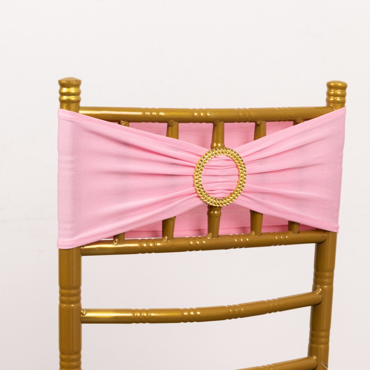 5 Pack Pink Spandex Chair Sashes with Gold Diamond Buckles, Elegant Stretch Chair Bands and Slide On Brooch Set - 5"x14"