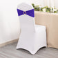 Purple spandex chair sash with gold diamond buckle on a white chair.