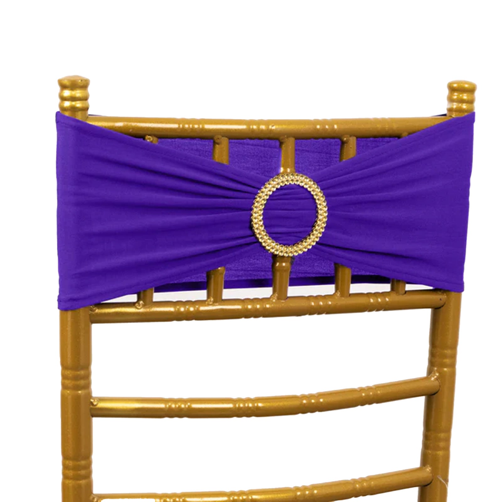 Purple spandex chair sash with gold diamond buckle on a gold chair. #whtbkgd