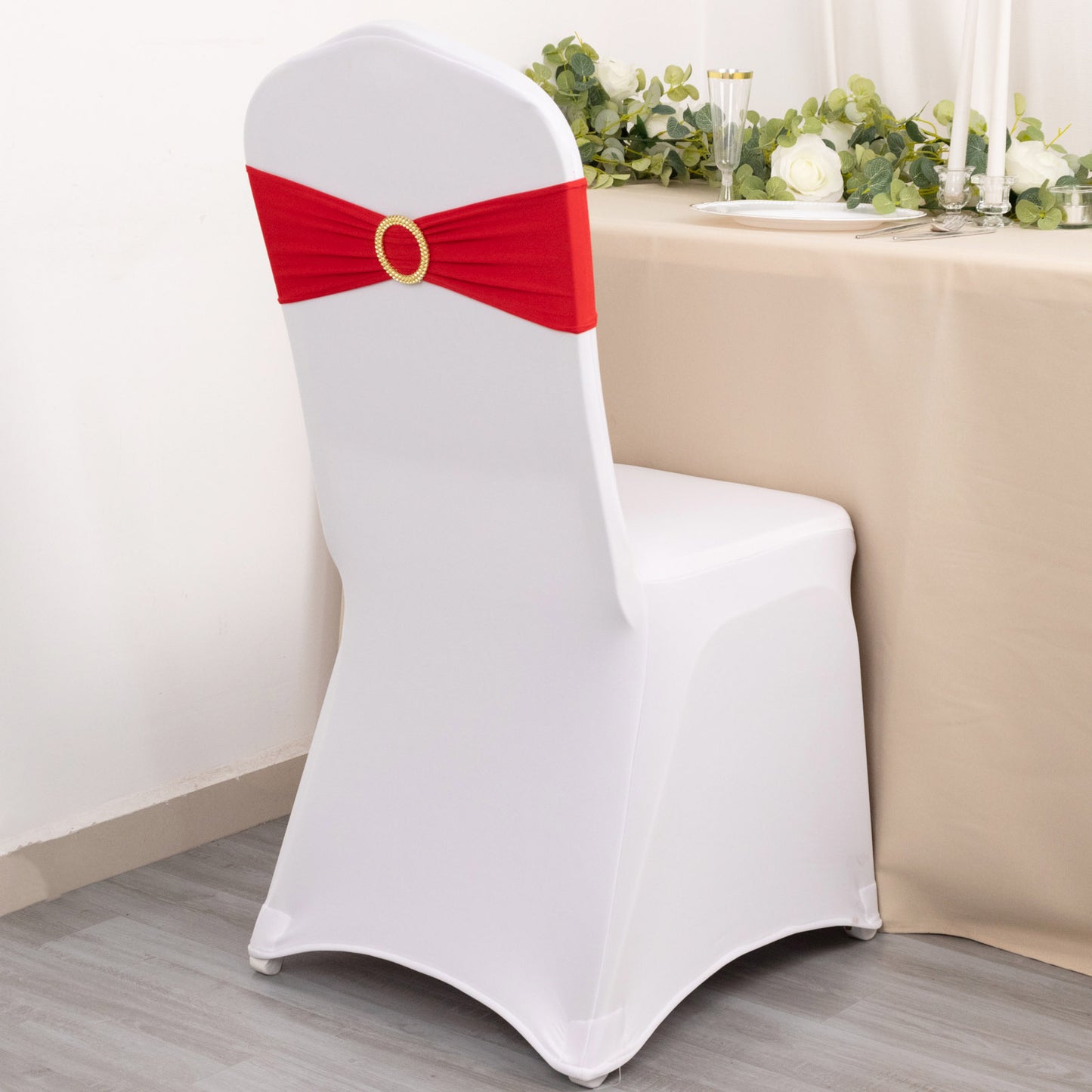 5 Pack Red Spandex Chair Sashes with Gold Diamond Buckles, Elegant Stretch Chair Bands and Slide On Brooch Set - 5"x14"