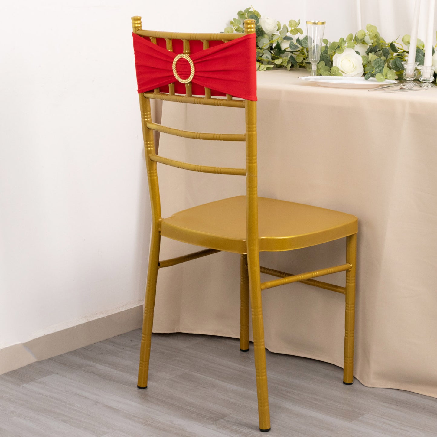 5 Pack Red Spandex Chair Sashes with Gold Diamond Buckles, Elegant Stretch Chair Bands and Slide On Brooch Set - 5"x14"