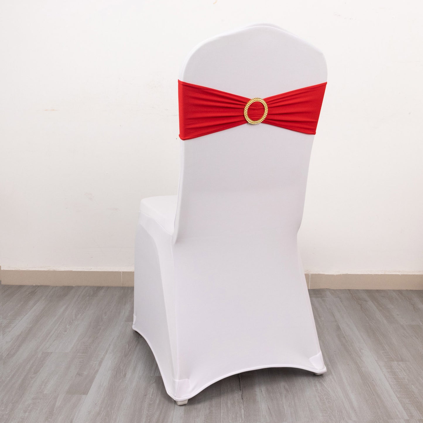 5 Pack Red Spandex Chair Sashes with Gold Diamond Buckles, Elegant Stretch Chair Bands and Slide On Brooch Set - 5"x14"