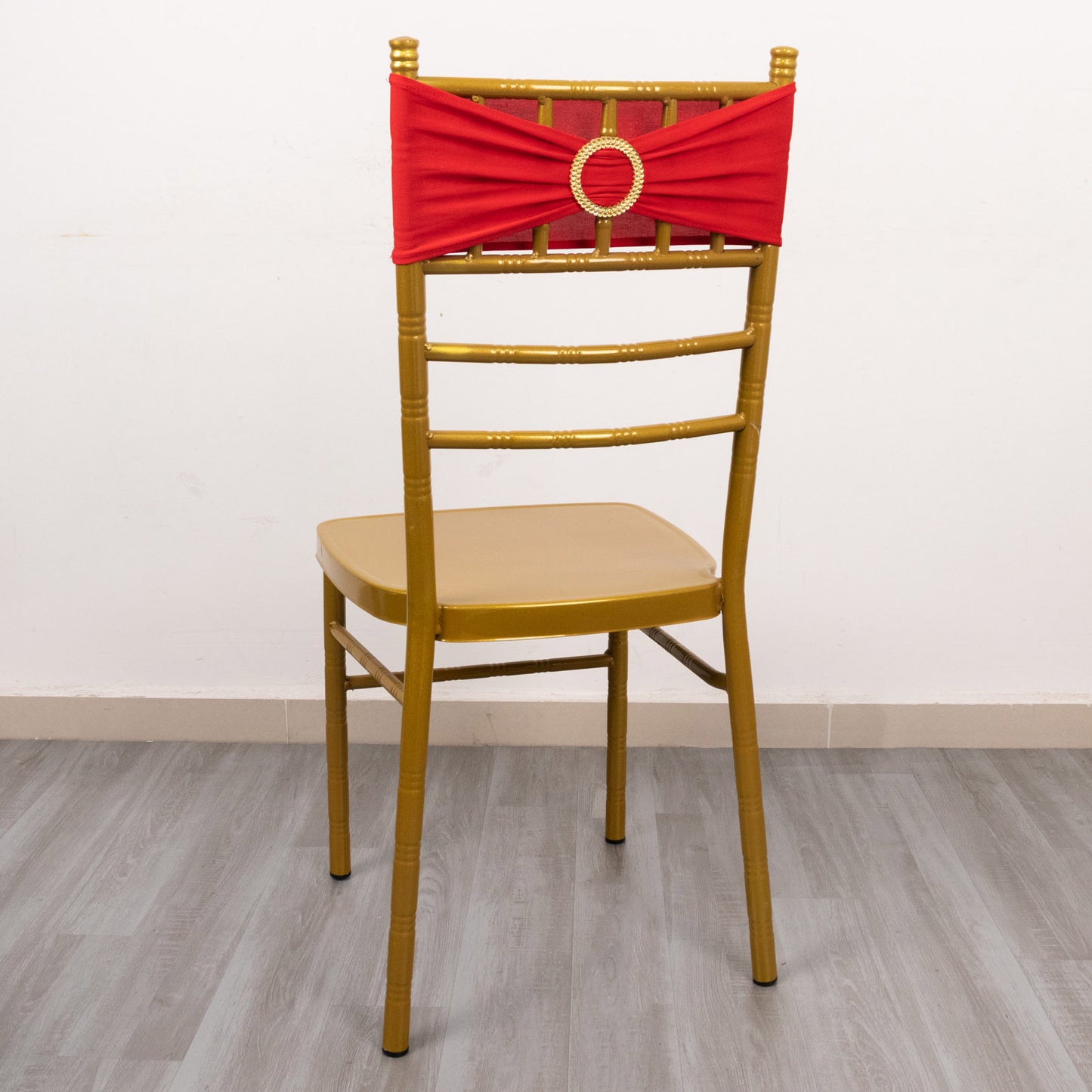 5 Pack Red Spandex Chair Sashes with Gold Diamond Buckles, Elegant Stretch Chair Bands and Slide On Brooch Set - 5"x14"