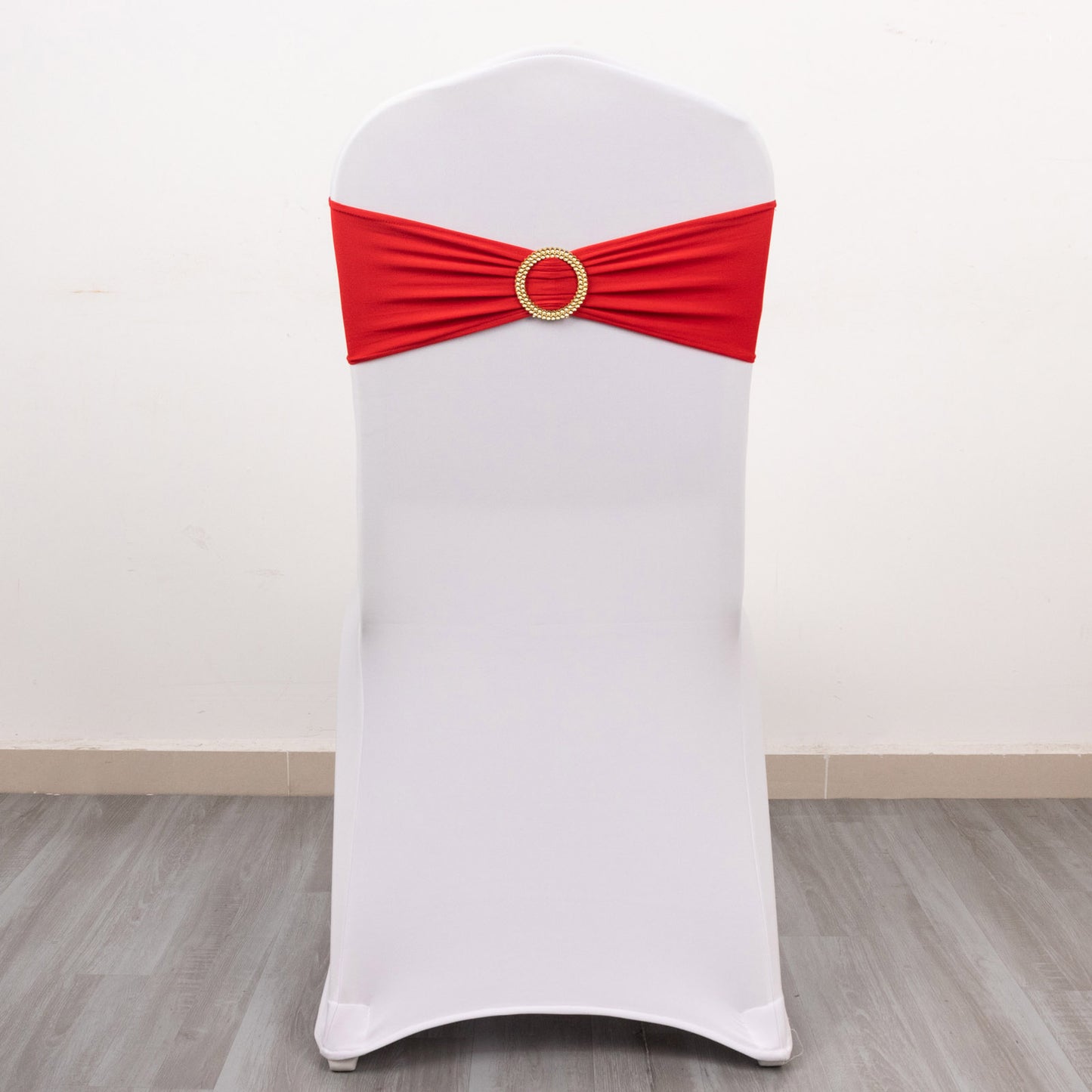 5 Pack Red Spandex Chair Sashes with Gold Diamond Buckles, Elegant Stretch Chair Bands and Slide On Brooch Set - 5"x14"