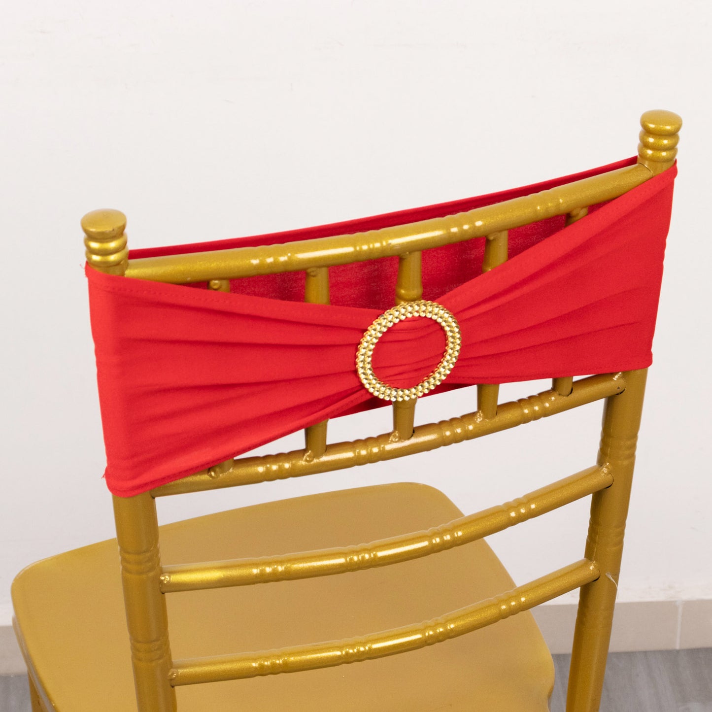 5 Pack Red Spandex Chair Sashes with Gold Diamond Buckles, Elegant Stretch Chair Bands and Slide On Brooch Set - 5"x14"