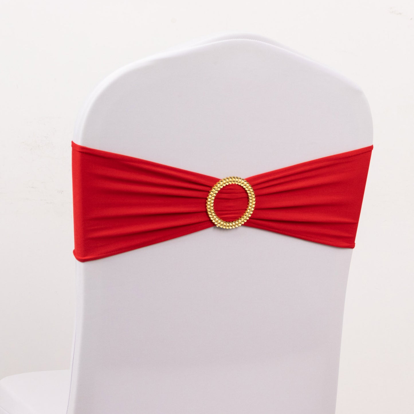 5 Pack Red Spandex Chair Sashes with Gold Diamond Buckles, Elegant Stretch Chair Bands and Slide On Brooch Set - 5"x14"