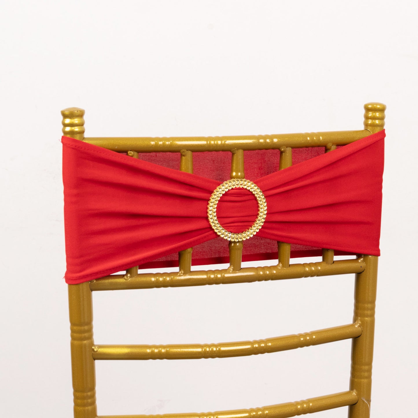 5 Pack Red Spandex Chair Sashes with Gold Diamond Buckles, Elegant Stretch Chair Bands and Slide On Brooch Set - 5"x14"