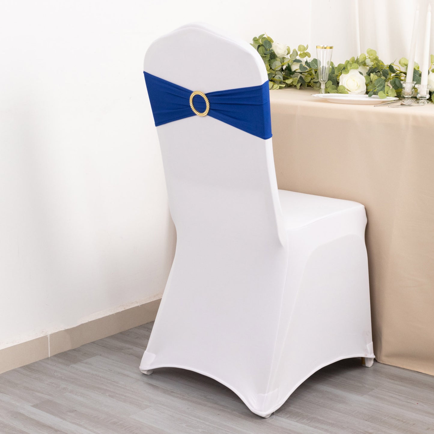 5 Pack Royal Blue Spandex Chair Sashes with Gold Diamond Buckles, Elegant Stretch Chair Bands and Slide On Brooch Set - 5"x14"