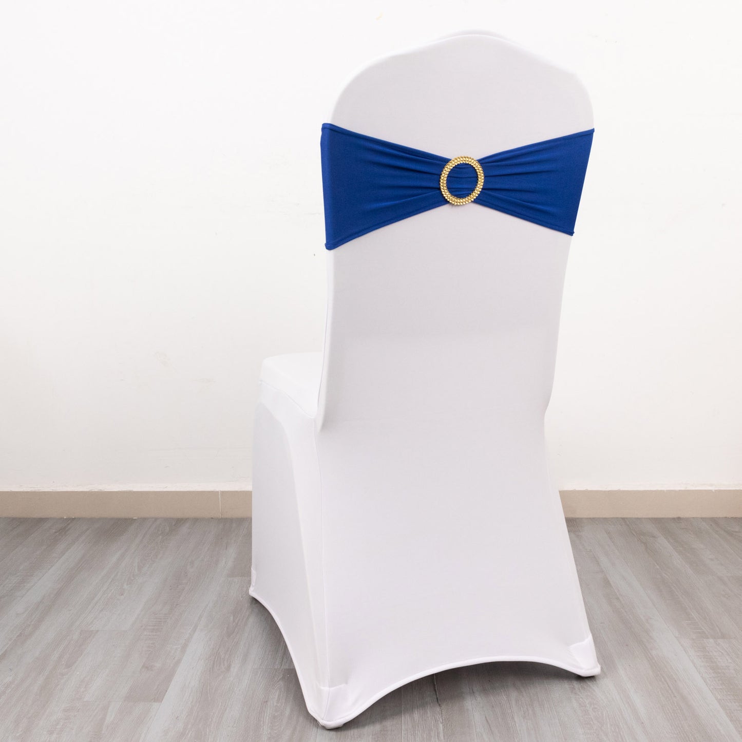 5 Pack Royal Blue Spandex Chair Sashes with Gold Diamond Buckles, Elegant Stretch Chair Bands and Slide On Brooch Set - 5"x14"