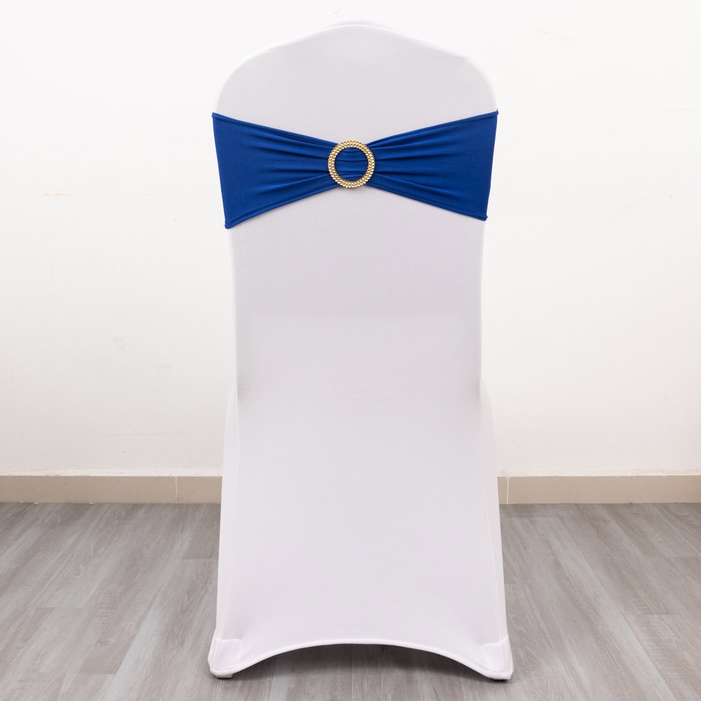 5 Pack Royal Blue Spandex Chair Sashes with Gold Diamond Buckles, Elegant Stretch Chair Bands and Slide On Brooch Set - 5"x14"